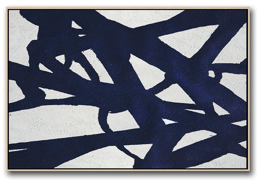 Horizontal Abstract Painting Navy Blue Minimalist Painting On Canvas - Art Gallery For Sale Extra Large